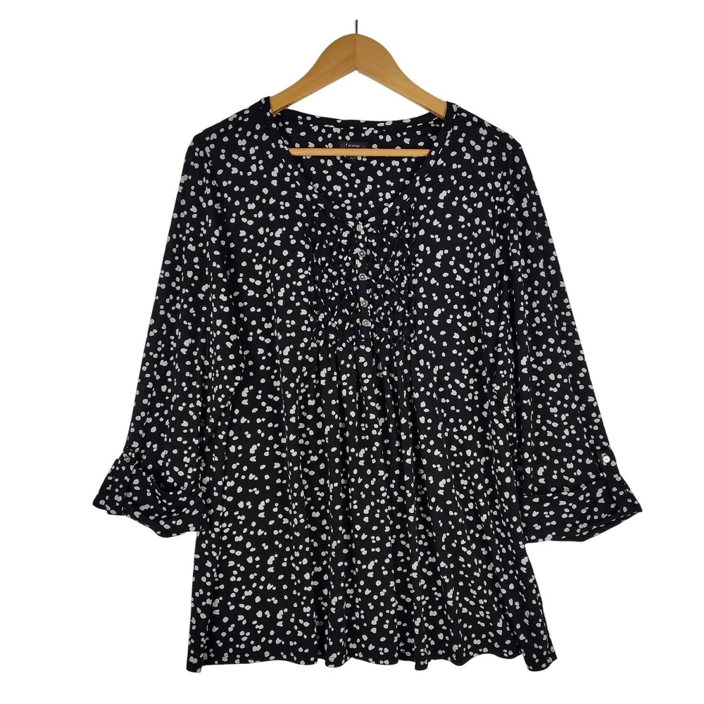 Cocomo Woman Black White Dot Tunic Top 2X V-Neck Smocked 3/4 Sleeve Blouse